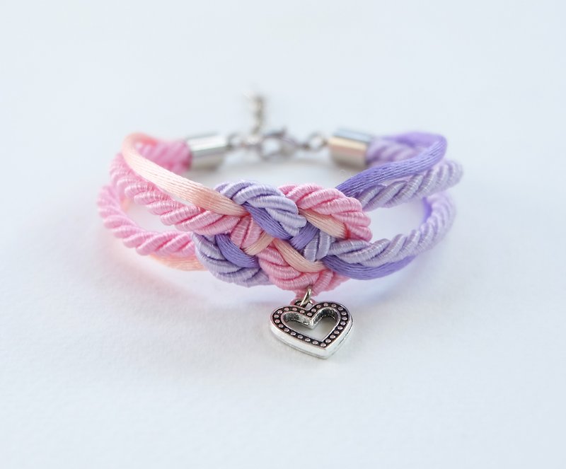 Pink/Peach/Purple infinity knot rope bracelet with heart charm - สร้อยข้อมือ - วัสดุอื่นๆ สึชมพู
