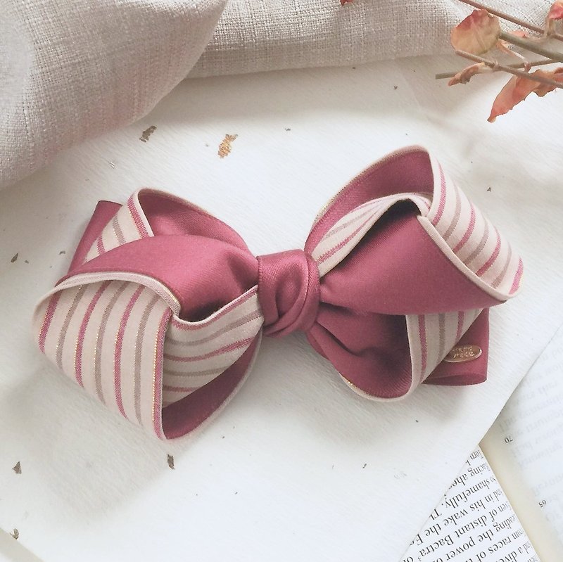 Coral red/stripe two-color multi-layer three-dimensional bow tie hair tie ponytail clip spring clip hair fork - Hair Accessories - Cotton & Hemp 
