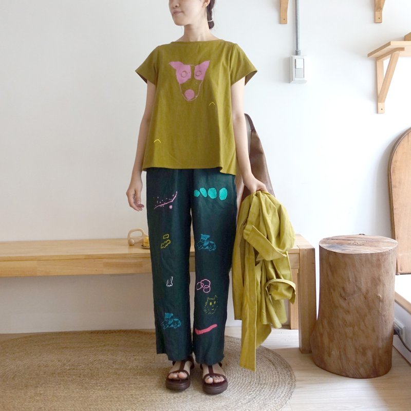 Yinke handmade printed comfortable mustard Linen and linen top-puppy panda / bay - เสื้อผู้หญิง - ผ้าฝ้าย/ผ้าลินิน 