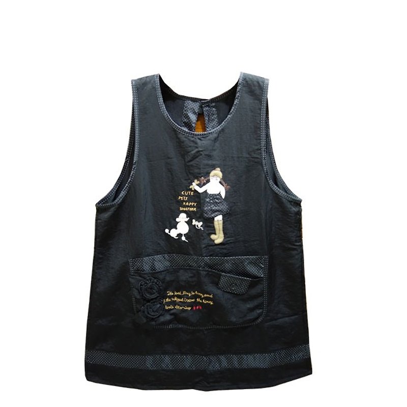 【BEAR BOY】Silk Cotton Apron-Girl and Poodle-Black - Aprons - Other Materials 