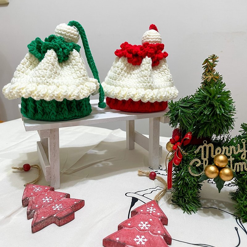 手工毛線編織蛋糕束口袋 /收納袋/聖誕節禮物 - 水桶袋/索繩袋 - 棉．麻 綠色