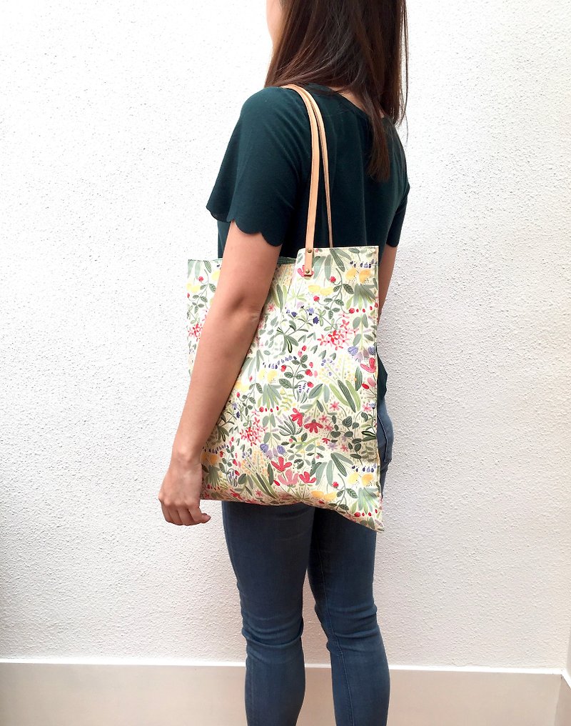 Large floral print tote bag with leather straps. Limited. - Messenger Bags & Sling Bags - Cotton & Hemp Green