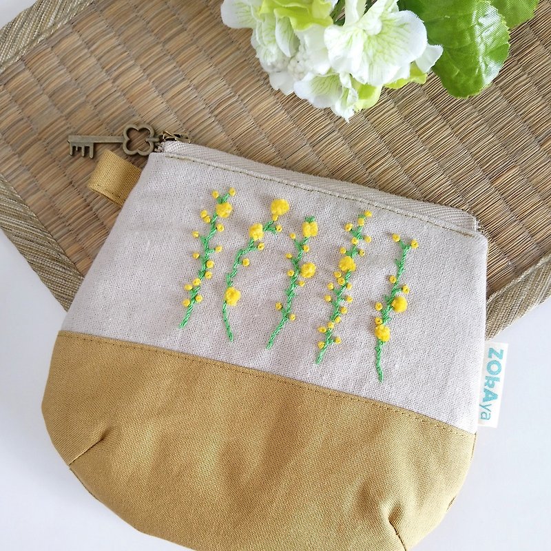 【In Stock】Hand Embroidery Pouch (Mimosa x Yellow) - Toiletry Bags & Pouches - Cotton & Hemp Yellow