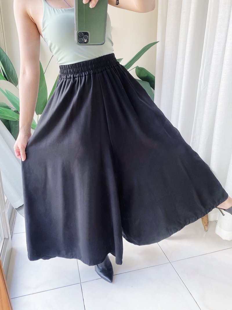 純黑經典素面寬鬆鬆緊褲頭 紡紗薄料長褲寬褲 pants vintage - 女長褲 - 聚酯纖維 黑色