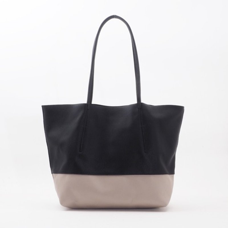 Thin handle shoulder tote (black x gray)/goat leather x cowhide/T046 - กระเป๋าถือ - หนังแท้ 