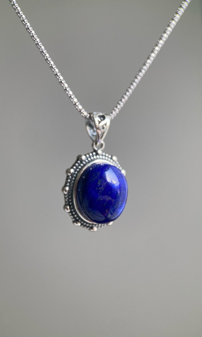 Natural Afghan Old Mine Lapis Lazuli with S925 Silver Vintage Classic Pendant Necklace - Necklaces - Semi-Precious Stones 
