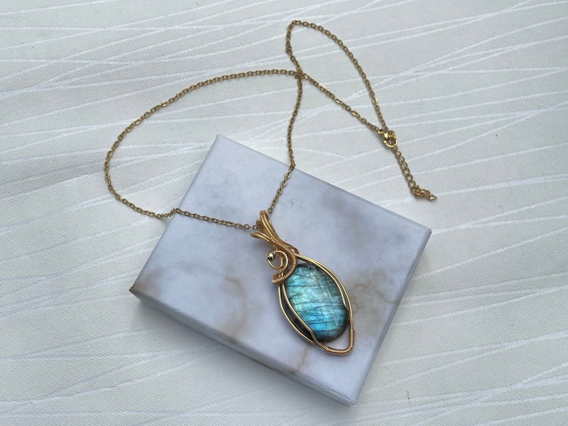 220742 wire wrapping 拉長石 銅線 繞線 吊墮 - 項鍊 - 銅/黃銅 藍色