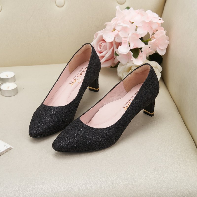 Air cushion_silk glitter small square pointed toe wedding shoes high heels black - รองเท้าส้นสูง - เส้นใยสังเคราะห์ สีดำ