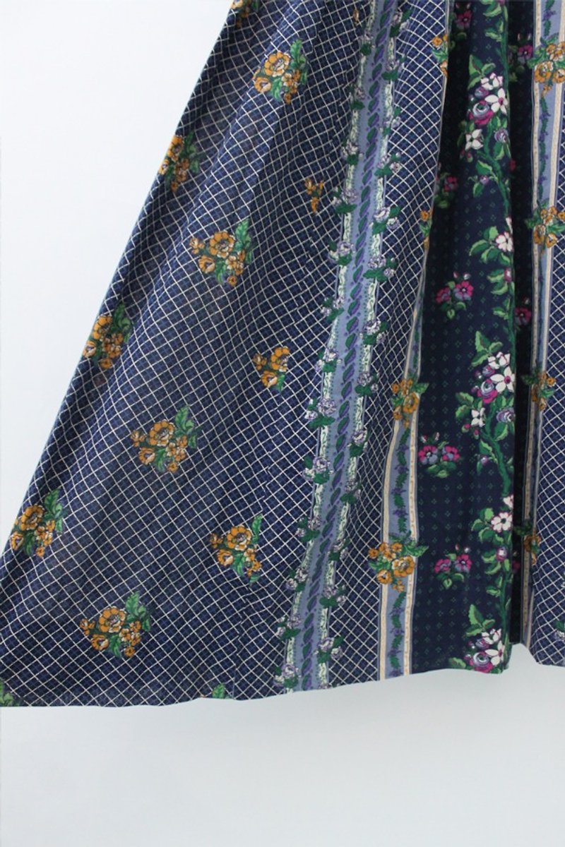 []初秋RE0831D862ダークブルーレトロ印刷のステッチの綿半袖ヴィンテージドレス - ワンピース - コットン・麻 ブルー