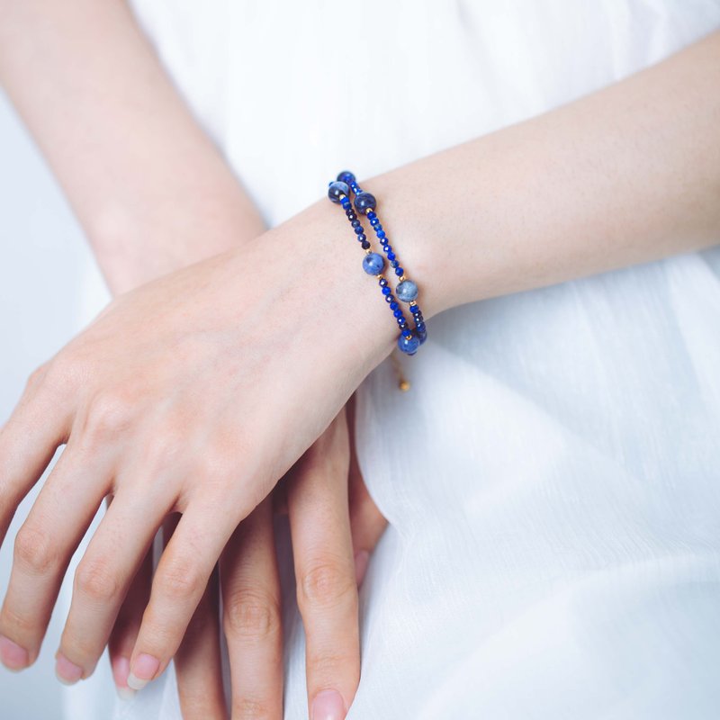 青金石藍紋石雙圈14KGF 極細手鍊 | 2-3mm天然水晶客製化手鏈禮物 - 手鍊/手環 - 寶石 藍色