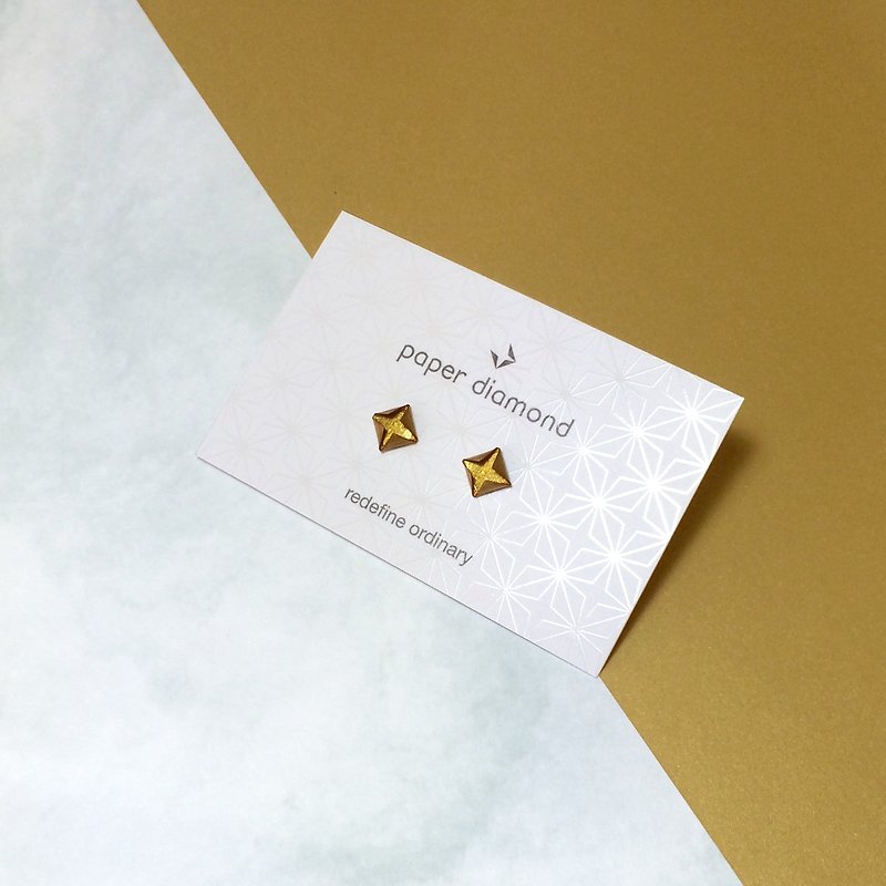 Cute little Golden Origami paper diamond Earrings - ต่างหู - กระดาษ สีทอง