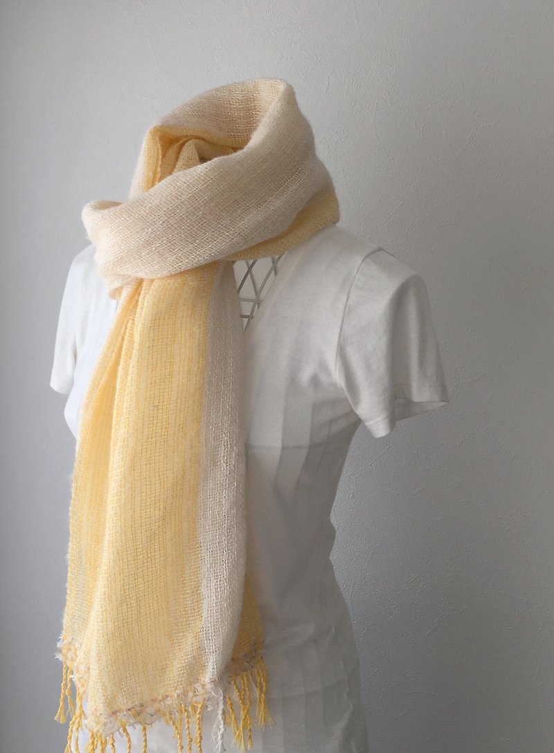 [Baby Alpaca & Cotton: All Seasons] Unisex: Handwoven Stole "Yellow & White" - Scarves - Cotton & Hemp Yellow