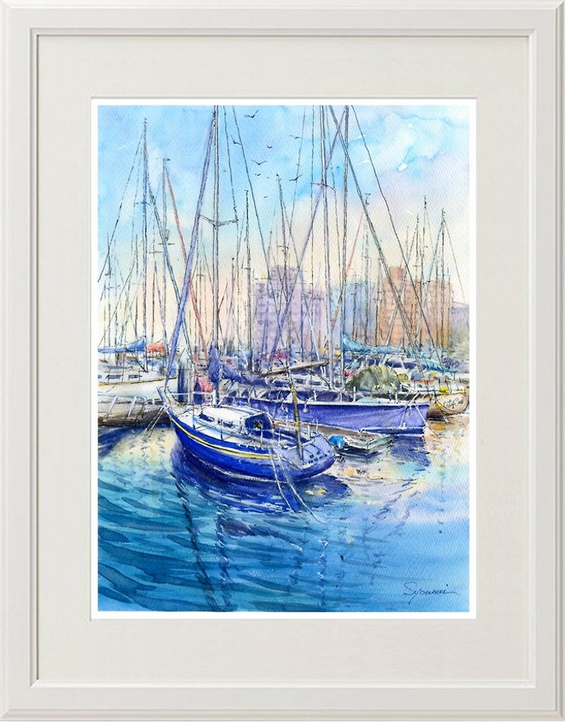 Watercolor picture Original picture Enoshima Yacht Harbor 10 - โปสเตอร์ - กระดาษ สีน้ำเงิน
