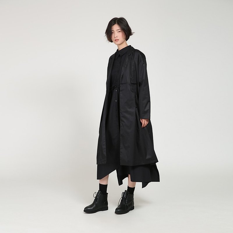 BUDU non-crossing black turn-down collar frayed texture mid-length trench coat - เสื้อแจ็คเก็ต - ผ้าฝ้าย/ผ้าลินิน สีดำ