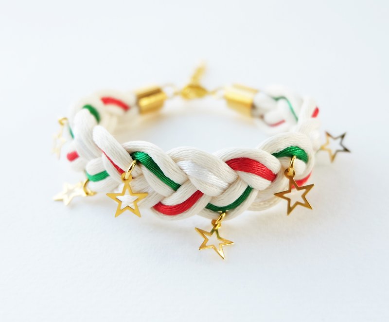 Christmas gift collection , Red/Green/White braided bracelet with stars - Bracelets - Other Materials Red