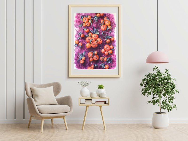 Tangerine original watercolor handmade painting by artist Irina Zhunaeva - 海報/掛畫/掛布 - 紙 多色