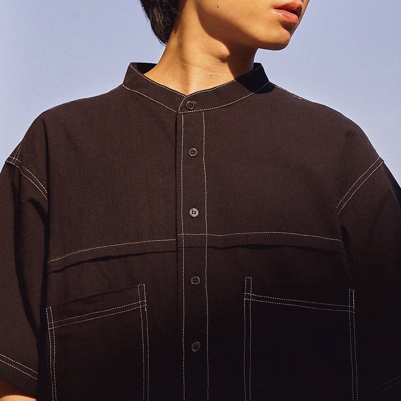 Black cotton Chinese collar shirt - Men's Shirts - Cotton & Hemp Black