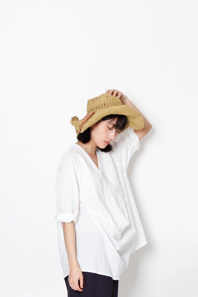 And - Afternoon thunderstorm - draped half-sleeved top - Women's Tops - Cotton & Hemp White