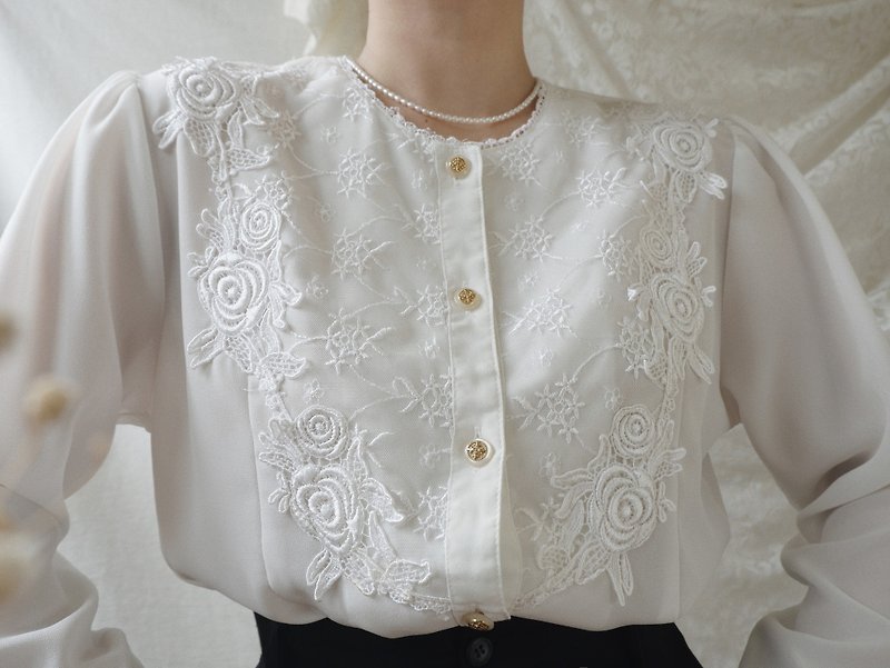 Vintage Off White Long Sleeve Blouse With Lace Detail - Women's Tops - Polyester White