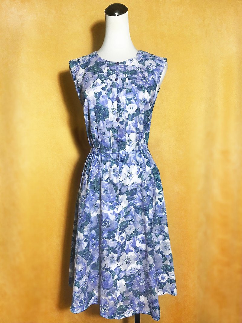 典雅花朵織紋棉質無袖古著洋裝 / 國外帶回 VINTAGE - 連身裙 - 聚酯纖維 藍色