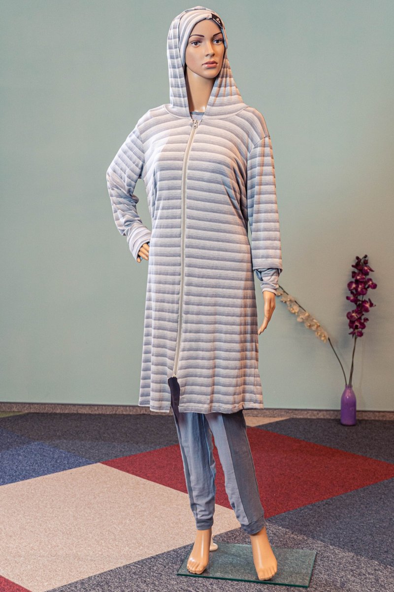 Striped knit coat dress / Gray hooded summer dress / Muslim womens clothing - ชุดเดรส - ผ้าฝ้าย/ผ้าลินิน ขาว