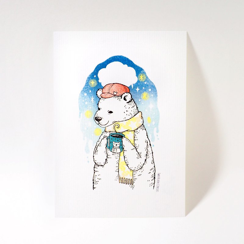 Winter bear seal illustration postcard drinking hot cocoa - การ์ด/โปสการ์ด - กระดาษ 