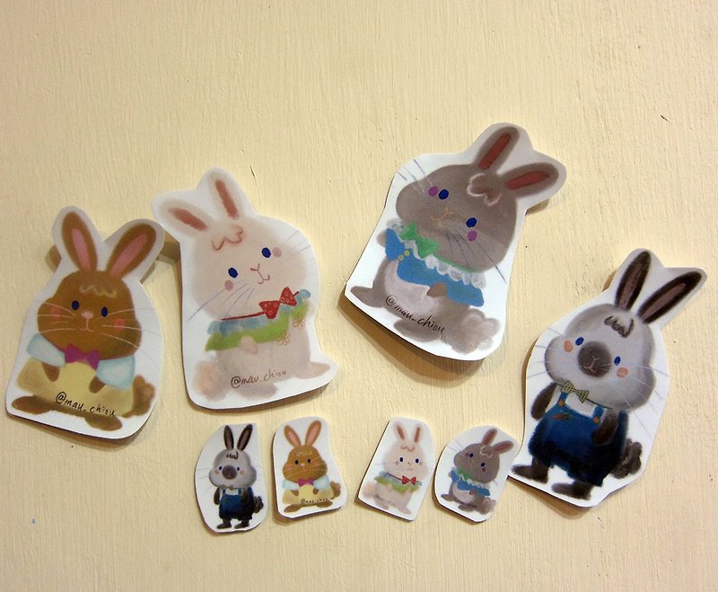 [Completely waterproof sticker set] hand-painted illustration style rolls rabbit rabbits bunny - Stickers - Waterproof Material Multicolor
