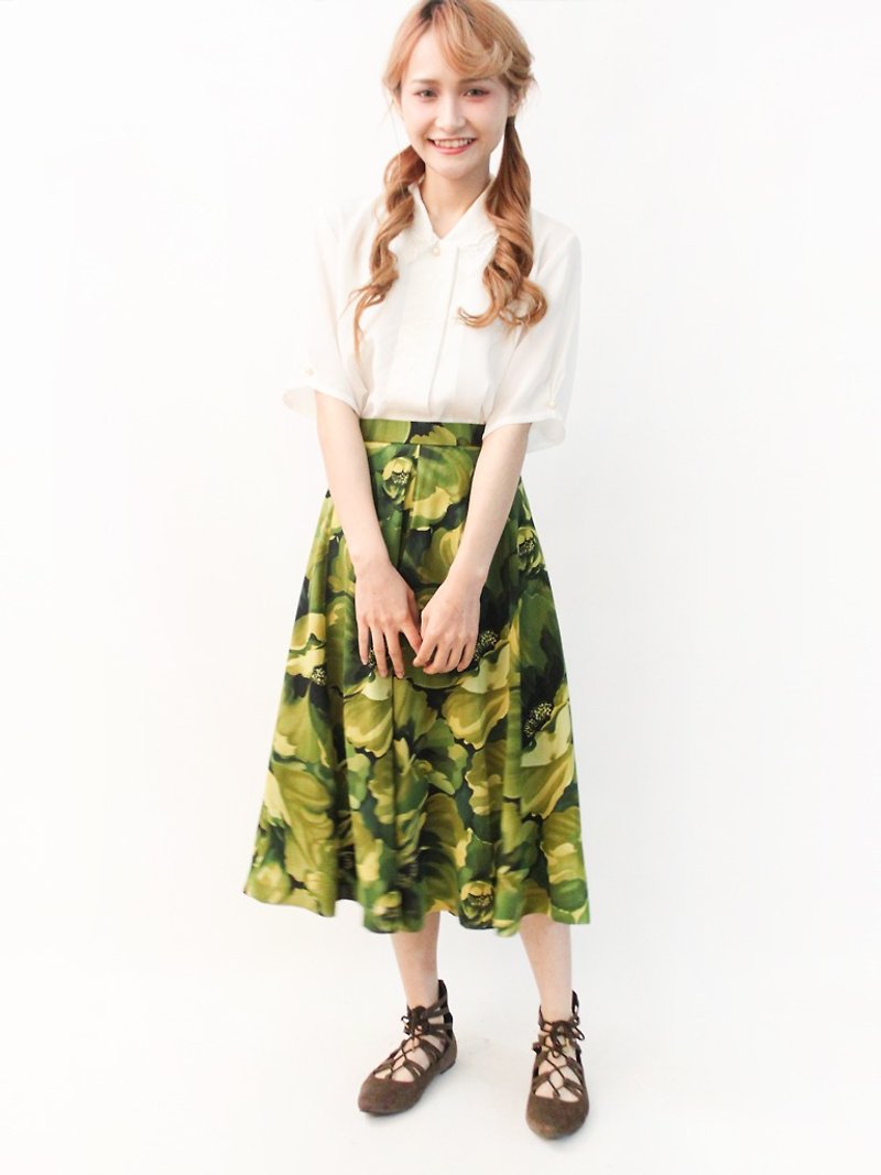 復古夏日日本製大人感綠色花朵古著長裙 Vintage Skirt - 裙子/長裙 - 聚酯纖維 綠色