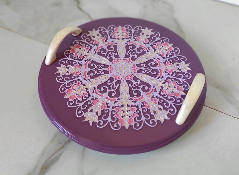 圓形小托盤茶咖啡托盤帶把手手繪托盤 - 托盤/砧板 - 木頭 紫色