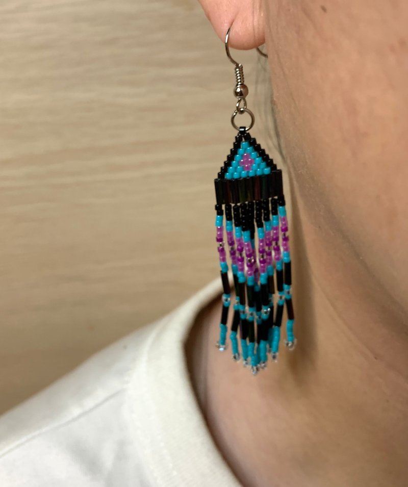 Spot aboriginal mother pure hand-woven beaded blue classic totem tassel earrings - Earrings & Clip-ons - Acrylic Blue