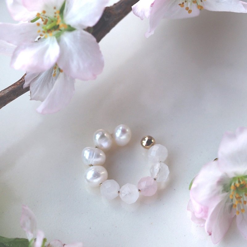 | 2way | Rose quartz x freshwater pearl ear cuff | October and June birthstones - Earrings & Clip-ons - Semi-Precious Stones Pink