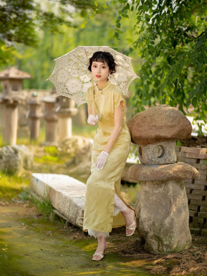 原創復古人絲提花日常平裁黃色古法旗袍 - 旗袍/改良式旗袍 - 其他材質 黃色