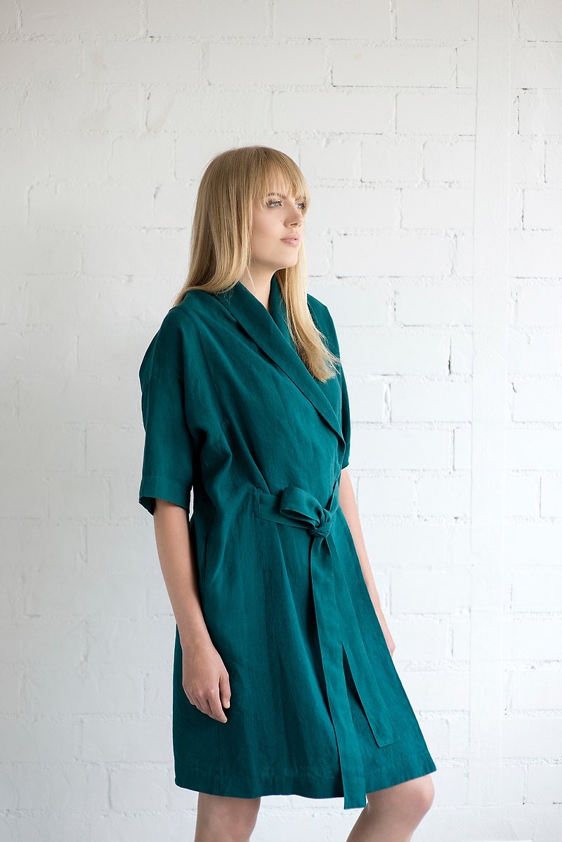 Linen Dress Motumo – 17S5 / Handmade loose linen summer dress with belt - 連身裙 - 亞麻 