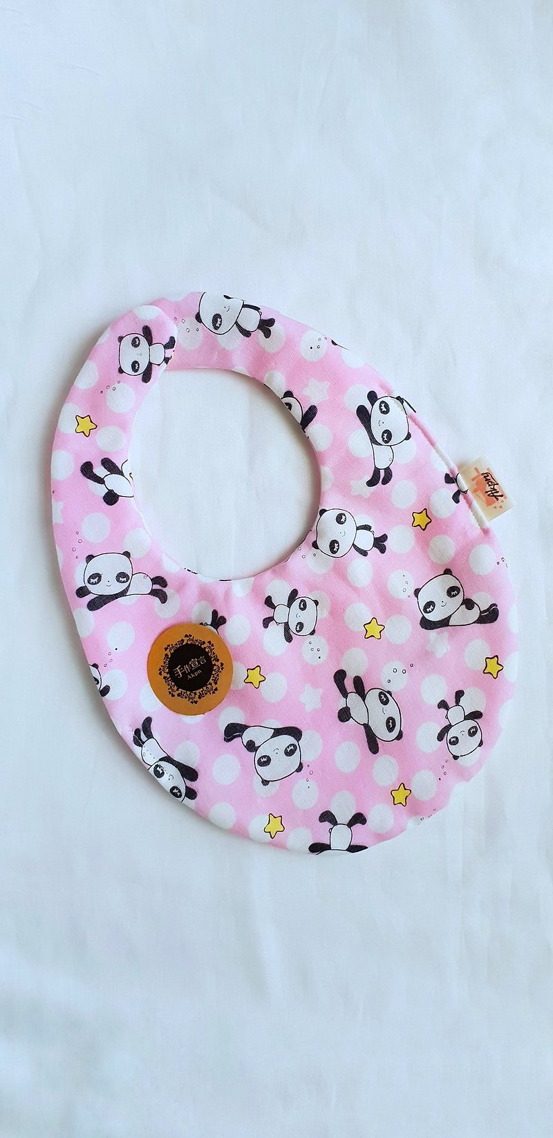 Aquatic Jade Cat Bear-Pink-Eight-layer yarn 100% cotton double-sided egg-shaped bib - ผ้ากันเปื้อน - ผ้าฝ้าย/ผ้าลินิน สึชมพู