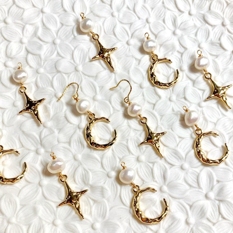 [Sui Stone Ji] Sail to the stars and the sea. Handmade pearl earrings. Asymmetric earrings. june birthstone - Earrings & Clip-ons - Pearl Gold