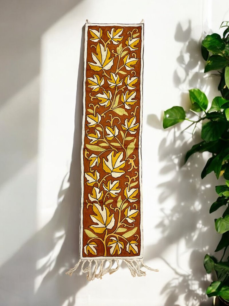 Indian Kashmir Hand Embroidered Small Silk Walkway Rug Wall Hanging 121x30 - Qiu Maple - Items for Display - Silk Orange