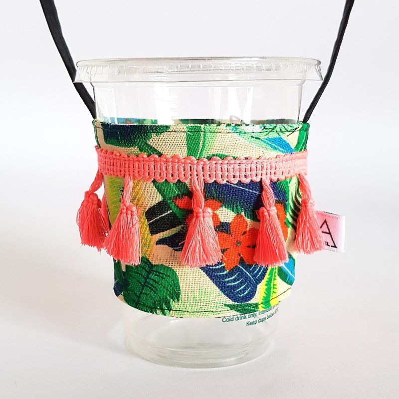 Holiday yarn tassel drink cup bag / frangipani - Beverage Holders & Bags - Cotton & Hemp Orange
