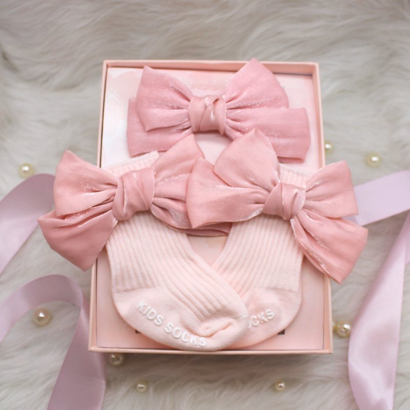 /Newborn. Miyue. Receiving and giving gifts/Madeleine organza bow socks + hair accessories gift box (powder) - Baby Socks - Polyester Pink