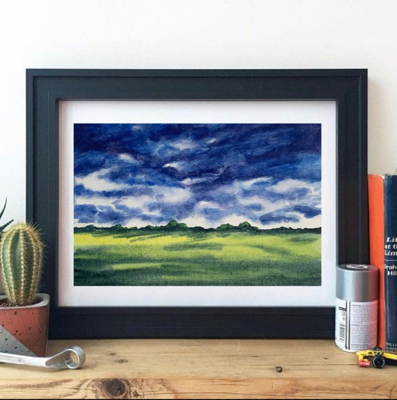Original Watercolor Painting Cloudy Landscape Trees Field Art Blue Sky Painting - 壁貼/牆壁裝飾 - 紙 多色