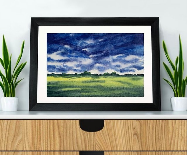 オリジナルの水彩画曇りの風景の木フィールドアート青空の絵画 
