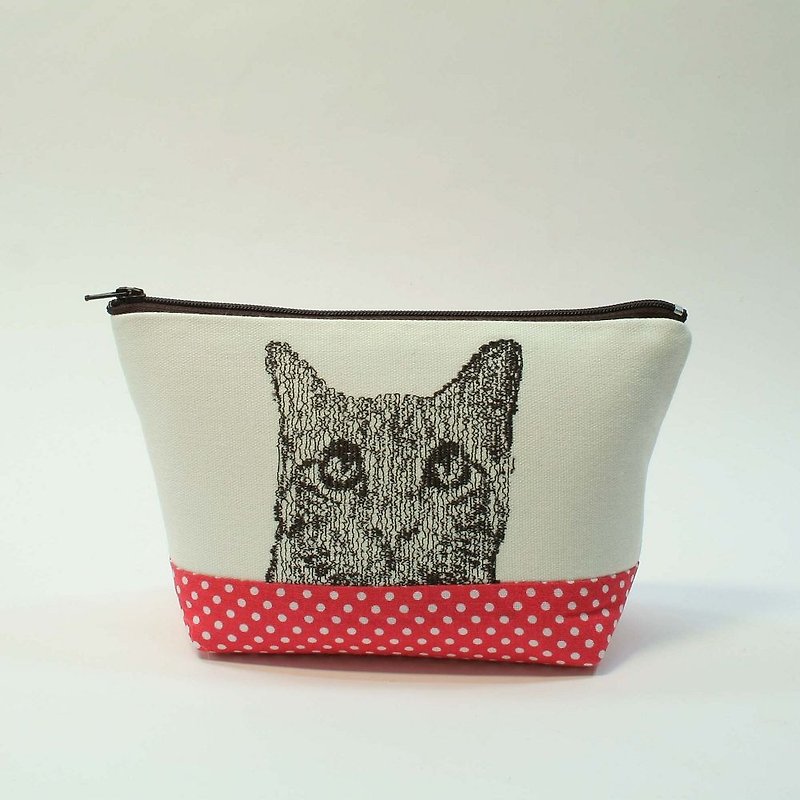 Embroidery Cosmetic 14- cat - กระเป๋าเครื่องสำอาง - ผ้าฝ้าย/ผ้าลินิน สีแดง