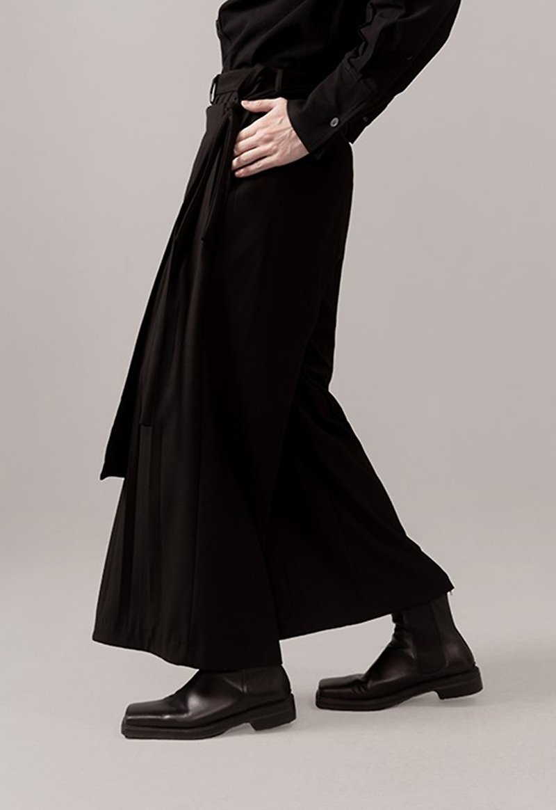 Double-layer large pleated wide-leg pants casual culottes new Chinese style for men and women - กางเกงขายาว - วัสดุอื่นๆ สีดำ