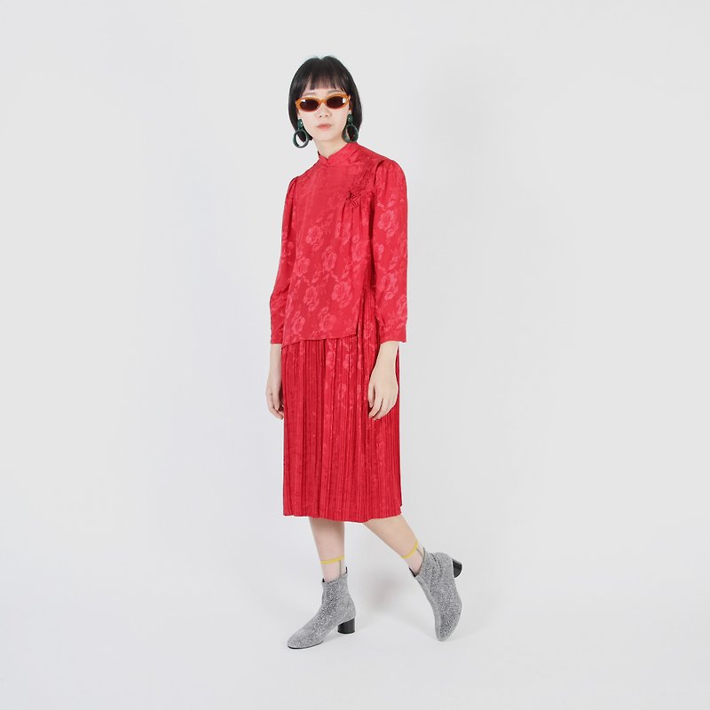 【蛋植物古着】胭脂紅花中國風古著洋裝 - 連身裙 - 聚酯纖維 紅色