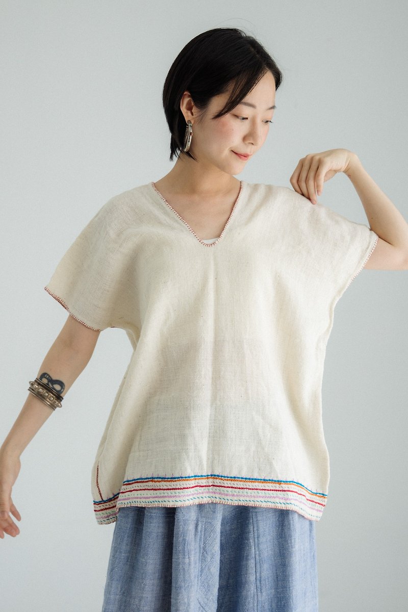 Handwoven fabric hand embroidered front and back v top - Women's Tops - Cotton & Hemp 
