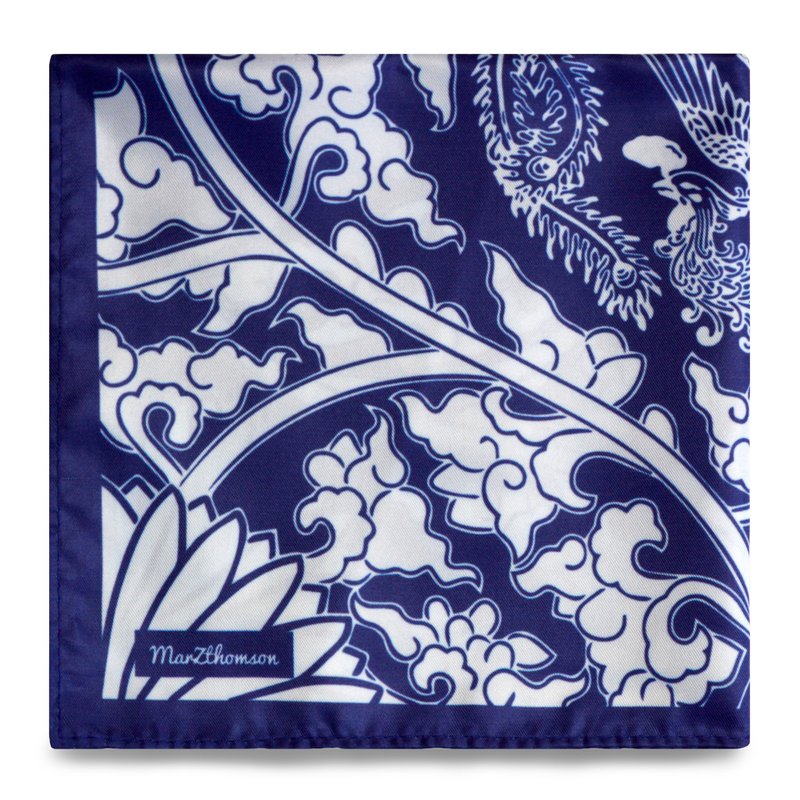 Peranakan Phoenix and Peony Flower Print Pocket Squares in Navy - Scarves - Polyester Blue