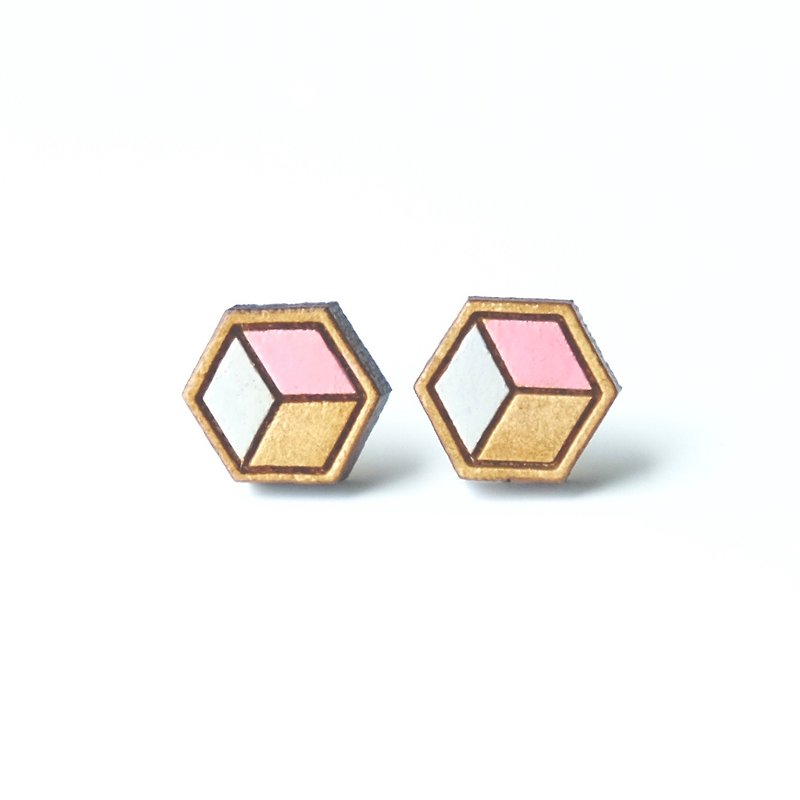 Painted wood earrings-Geometric cube (pink) - ต่างหู - ไม้ สึชมพู