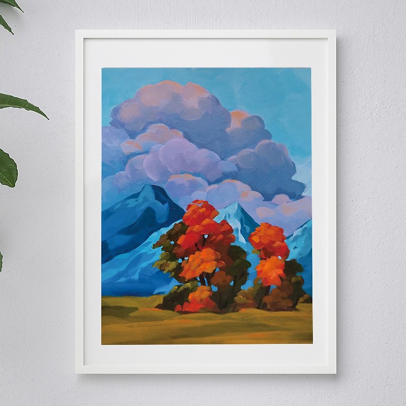 Paper Posters - Original painting Red trees at the foot of the mountains