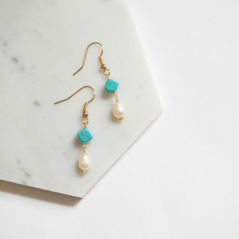 "KeepitPetite" Aegean Sea Goddess • freshwater pearls • turquoise • cubic ear hook earrings • Valentine's Day gift - Earrings & Clip-ons - Gemstone Blue