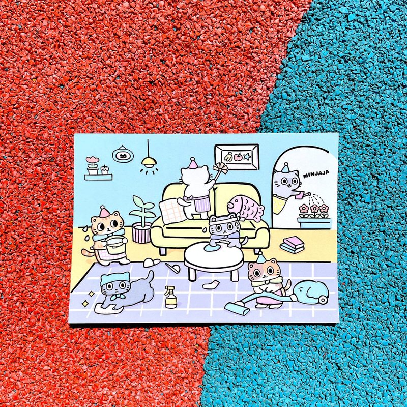 插畫明信片 如果貓會打掃 - 卡片/明信片 - 紙 藍色