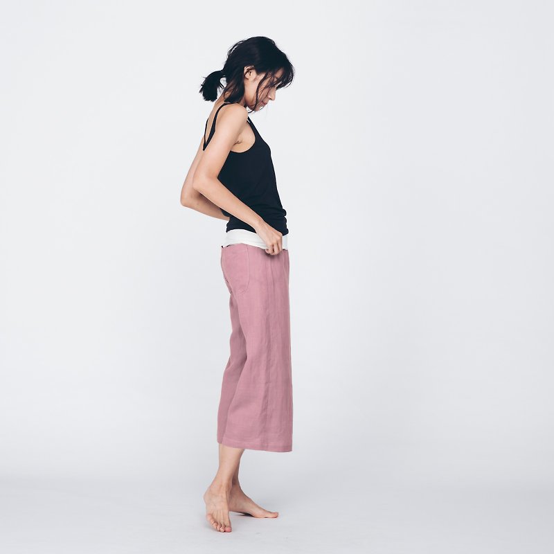 Linen cropped trousers - pink - กางเกงขายาว - ผ้าฝ้าย/ผ้าลินิน สึชมพู